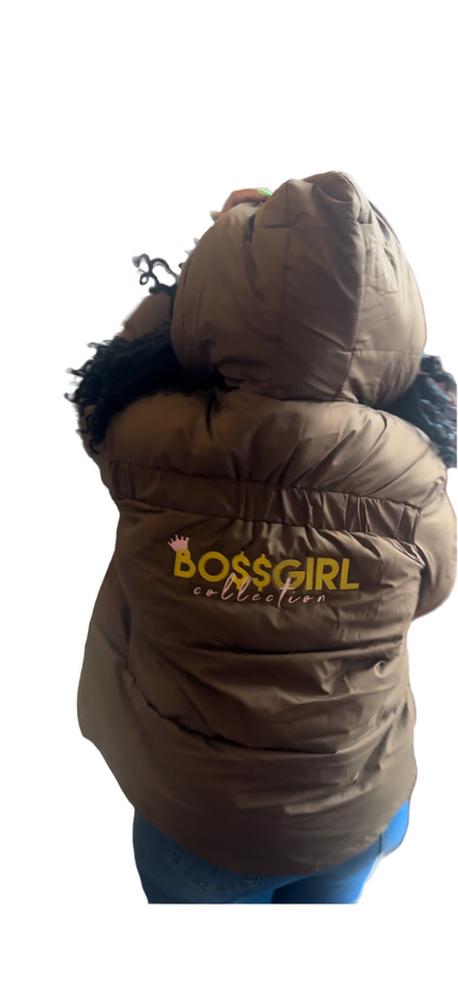 Brown Boss Girl Hooded Puffer Coat