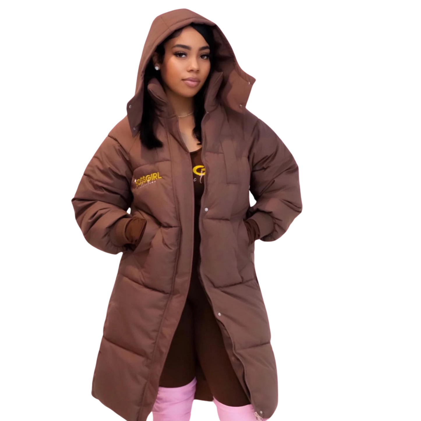 midi brown puffer coat