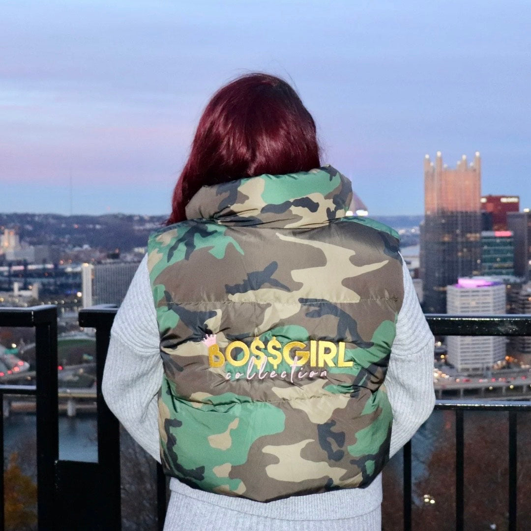 Woman wearing Boss Girl Camo Vest