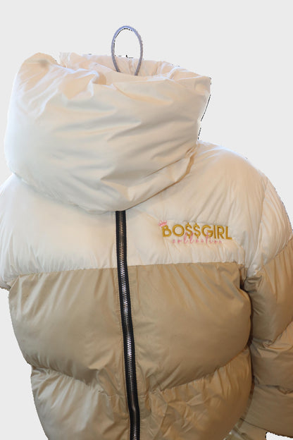 White/Brown Puffer Jacket With Scarf