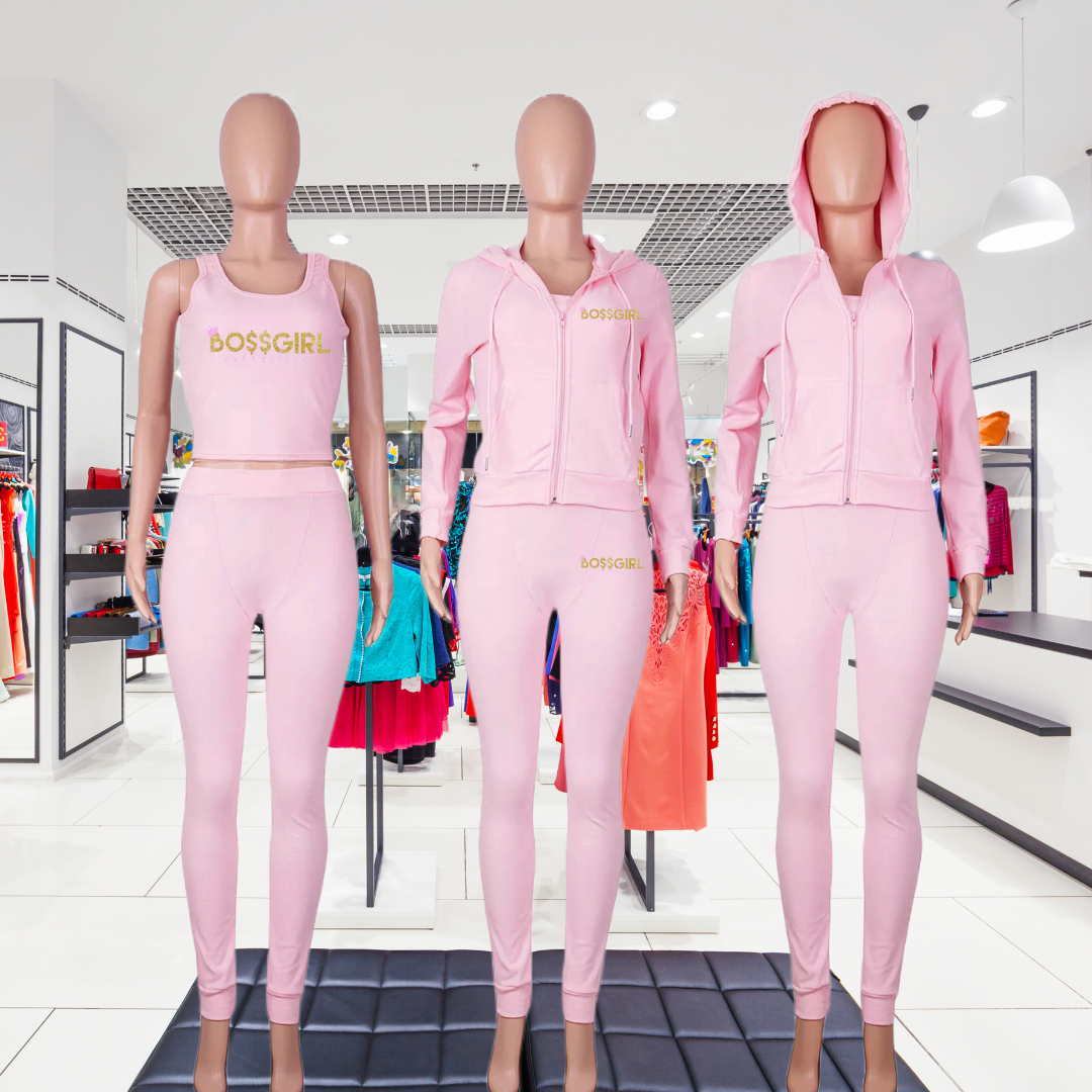 3 Mannequins displaying 3 piece jogger set; logo zip hoodie, logo tank and logo legging.